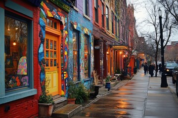 Obraz premium Colorful painted buildings lining a wet city street after rain