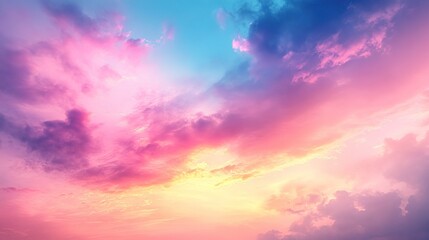 Obraz premium A vibrant sky during sunset, showcasing a blend of pink, blue, and purple hues among fluffy clouds.