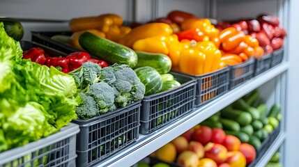Vibrant Vegetable Display: Fresh, colorful vegetables in market crates. A healthy and appetizing image perfect for grocery stores, farmers markets, and healthy eating campaigns. 
