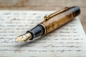 Elegant fountain pen resting on handwritten letter on wooden table