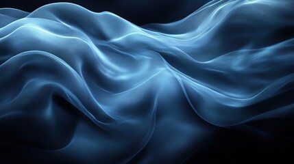 Fototapeta premium A smooth wave of blue fabric or material subtly flows and undulates against a dark background, creating a tranquil and visually appealing scene.