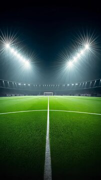 Professional soccer stadium illuminated by powerful floodlights against dark night sky. Pristine green turf with crisp white line markings stretches toward distant goal. 