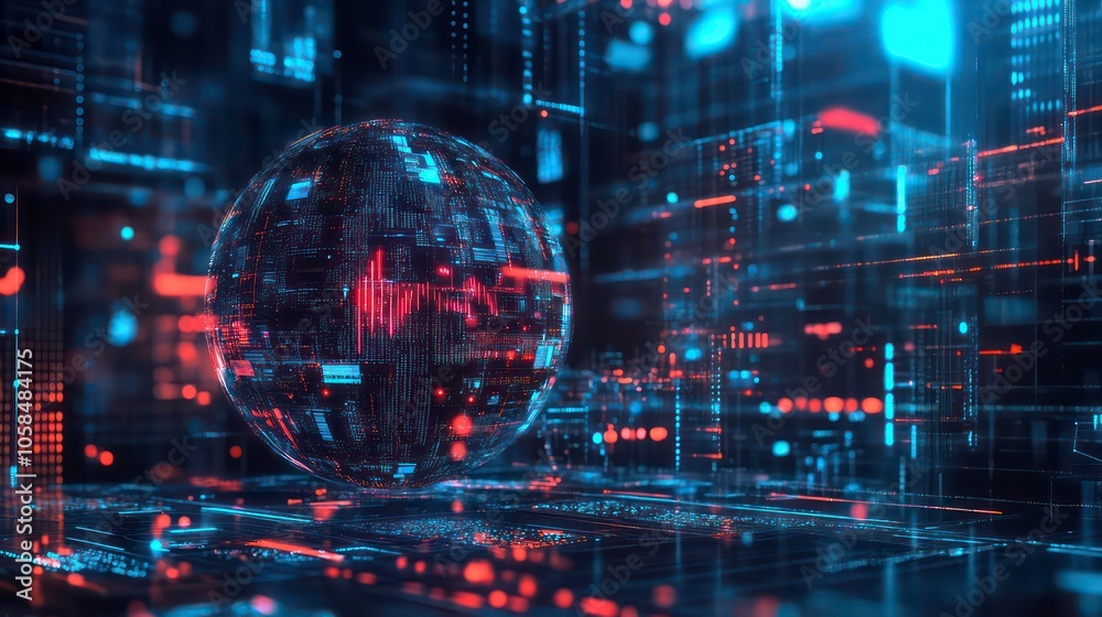 Fototapete a futuristic sphere surrounded by flowing data streams, representing technology and innovation.