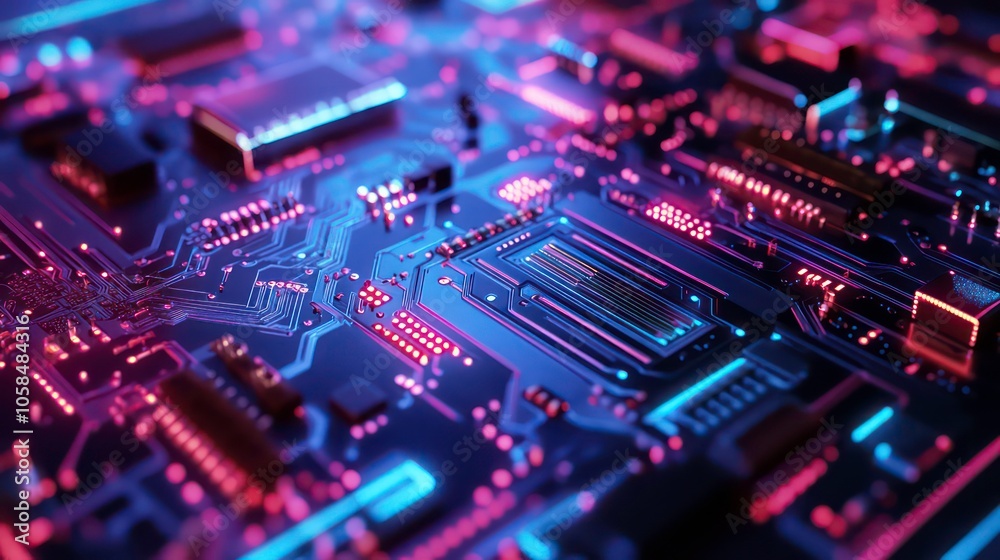 Poster Close-up view of a futuristic circuit board with glowing elements and intricate designs.
