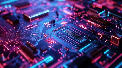 Obraz premium Close-up view of a futuristic circuit board with glowing elements and intricate designs.