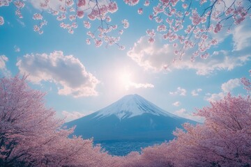 Mount fuji shining through cherry blossoms in springtime japan