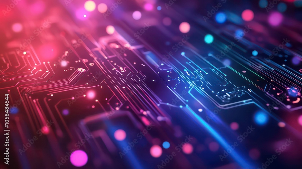 Poster Abstract digital circuit design with glowing particles, representing technology and innovation.