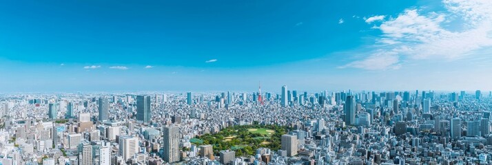 Urban Symmetry: Vibrant Cityscape with Busy Streets and Skyscrapers against Clear Sky - Ultra-Detailed Panoramic View