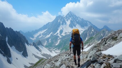 Obraz premium Backpacker hiking in high altitude mountain range reaching summit