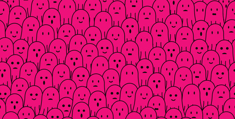 cute pink ghost doodle seamless pattern background with different face expressions, smile, sad, disappointed, happy, laughing, surprised. For halloween, horror, gift wrap