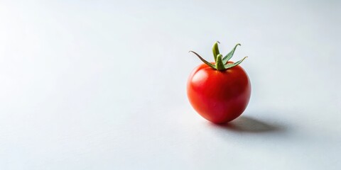 A single, ripe tomato sits on a plain white surface, its bright red color and green stem contrasting with the simple backdrop.