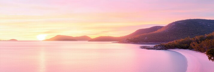Fototapeta premium Tranquil Morning Bliss: Stunning Panoramic View of Serene Bay at Sunrise with Soft Waves and Warm Colored Sky - Ultra-Detailed Landscape Photography