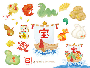 可愛い手書きタッチの巳年の宝船のカットイラスト