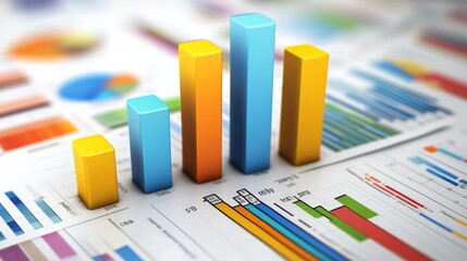 Colorful bar charts and graphs depict statistical data analysis, showcasing growth trends and performance metrics in a visually engaging manner.