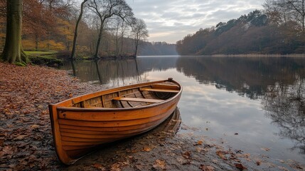 Obraz premium Wooden rowboat resting on shore of serene lake in autumn