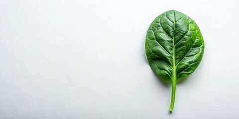 A single spinach leaf on a white background, showcasing its vibrant green color and intricate leaf structure.