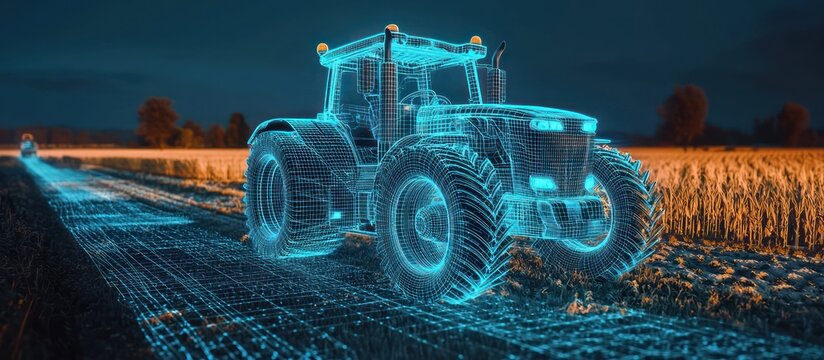 Fototapeta 3D display of a modern tractor in a digital agricultural setting visualized in wireframe.