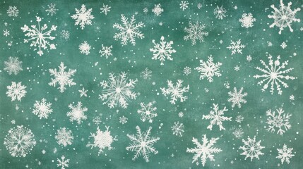 Close-Up of Delicate White Snowflakes on a Green Background