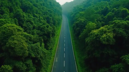Obraz premium Stunning aerial view of asphalt road through green forest, healthy rain forest, environment, health, green economy, and view of nature ecosystem for saving the planet.