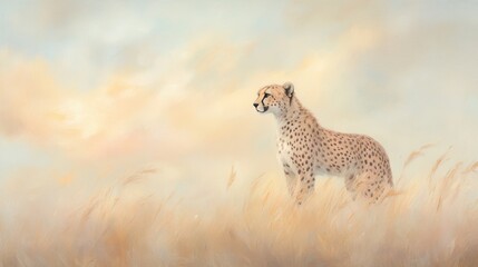 A cheetah is standing in a field of tall grass