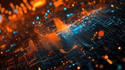 A futuristic visual of data streams and glowing circuits, showcasing a digital landscape with orange and blue hues.