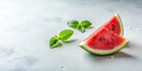 Refreshing Slices of Watermelon with Delicate Green Leaves on a Light Gray Surface