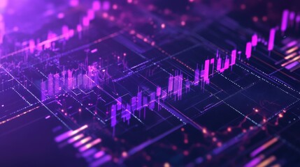 A vibrant digital visualization of data trends, featuring purple financial graphs and overlapping grid lines, illustrating market fluctuations and analytics.