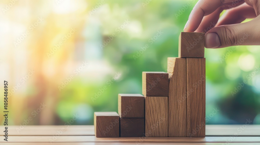 Poster A hand places a wooden block on a staircase of blocks, symbolizing growth and progress.