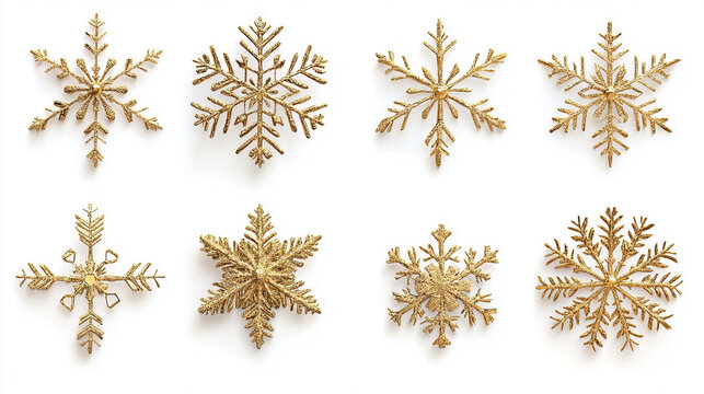 gold snow flakes in different shape on white background. one gold snow flake in each photograph