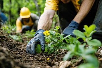 Fototapeta premium Volunteer planting seedlings in forest restoration project