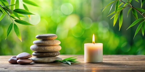 Zen-like arrangement of smooth stones stacked in a pyramid, a burning candle, and green bamboo leaves on a wooden surface with a blurred natural background.