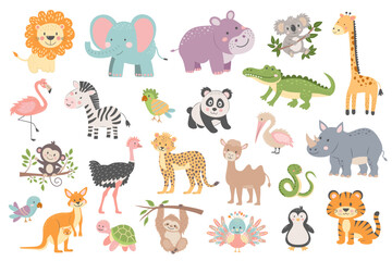 Tropical cute animal set. African, South American, Australian, Arctica and other wild baby cartoon animals. Baby shower and nursery art style.