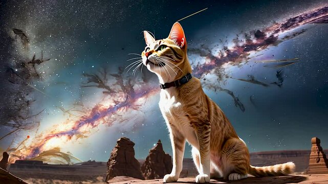 A curious cat stares into the vastness of the galaxy, blending surrealism, science fiction, and adventure in a cosmic scene filled with stars, nebulae, and the mysteries of the universe.