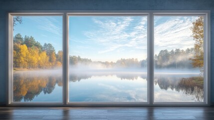 Panorama windows reveal a serene view of a foggy lake under a blue sky. This panorama captures the tranquil scene, perfect for showcasing the beauty of nature.