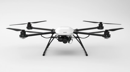 A white and black quadcopter drone is sitting on a white background