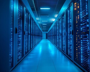 Fototapeta premium Advanced Data Center Interior with Blue LED Lighting and High-Tech Server Racks