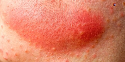 Fototapeta premium Close-up of a red, irritated patch of skin with small bumps and a rough texture