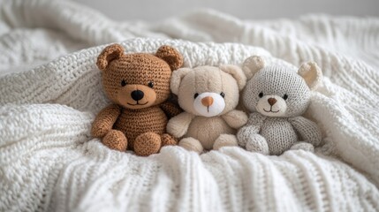 Three small, cute stuffed animals arranged on a white blanket, creating an adorable scene that evokes warmth and childhood nostalgia. The photo offers ample copy space for text.