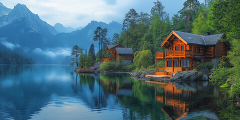 Fototapeta premium Tranquil Lakeside Cabins Reflecting in Still Water