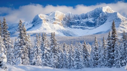 Rocky mountain peak in winter adorned with fresh snow, capturing the serene beauty of the landscape, with ample space for text overlay offering a stunning winter scenery.