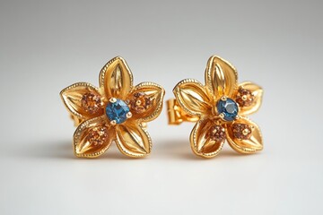 Fototapeta premium Pair of golden earrings with blue and brown gemstones showing floral design