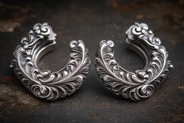 Silver carved earrings with acanthus leaf design lying on dark background