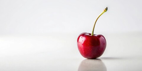 A single ripe cherry, glistening with moisture, sits against a stark white background, its vibrant red hue standing out in the minimalist setting.