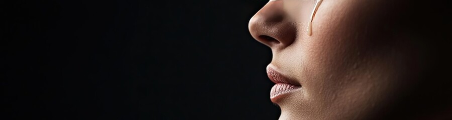 Profile of a woman with a tear, expressing deep emotion against a dark background.