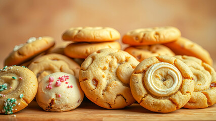 Fototapeta premium A delightful assortment of freshly baked cookies, adorned with sprinkles and swirls of icing, rests on a warm wooden surface, inviting a sweet and satisfying treat.