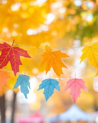 Fototapeta premium Vibrant Fall Leaves Hanging at Autumn Festival - Perfect for Thanksgiving and Halloween Celebrations