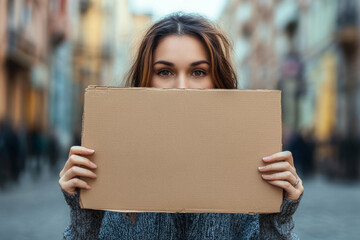 Young activist holding blank cardboard sign in city street. Copy space for text