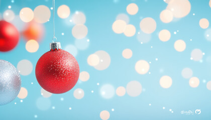 Fototapeta premium Bright red and silver Christmas ornaments hanging against soft blue background, creating festive and cheerful atmosphere with sparkling bokeh lights