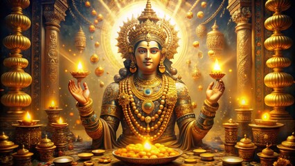 Divine golden deity inspired by traditional hindu art in a luxurious temple setting