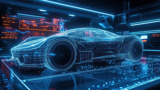 Virtual stage presents a wireframe concept car surrounded by cutting-edge technology.